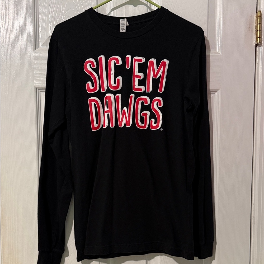 Black Long Sleeve Shirt with Red and White Text